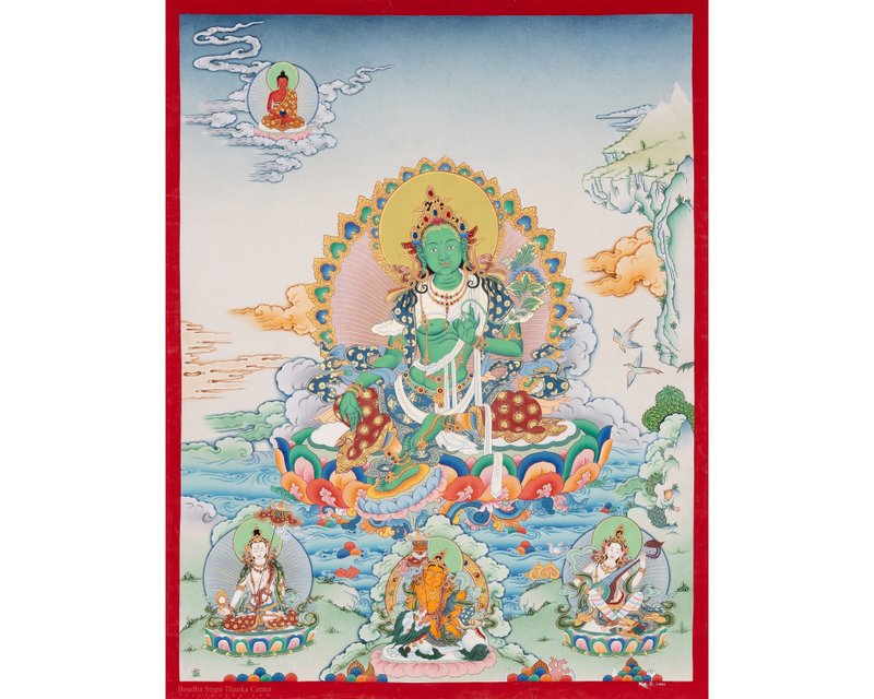 古董綠度母唐卡 - 啟蒙的象徵 - 壁貼/牆壁裝飾 - 其他材質 多色