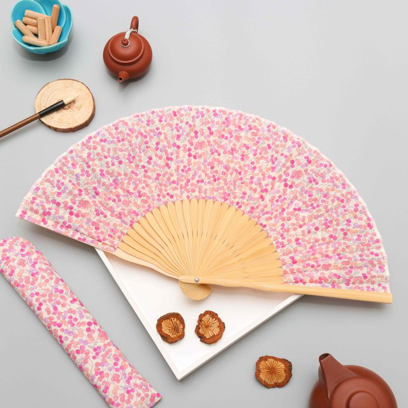 京都Fleur小碎花布扇子(粉) - 扇子 - 棉．麻 