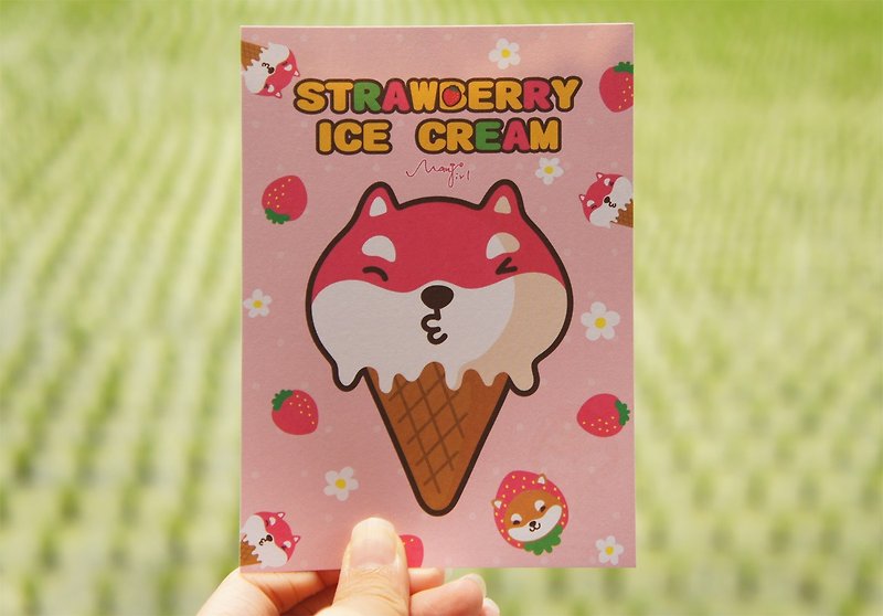 [Mangogirl]柴犬冰淇淋塗鴉明信片(草莓口味) - 卡片/明信片 - 紙 