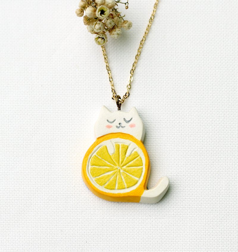 夏日 "柳橙貓咪"(白) 項鍊 - 項鍊 - 黏土 黃色