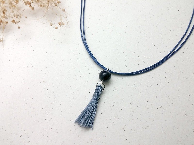 Wax line necklace blue sand stone silver ash tassel simple wax rope thin line - Collar Necklaces - Other Materials Blue