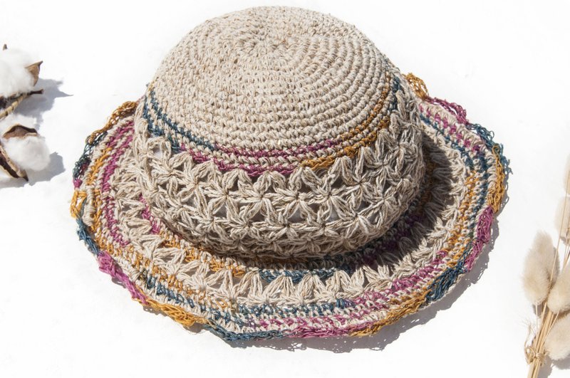 Hand-woven cotton Linen cap / knit cap / hat / straw / straw hat - Linen cotton knitted lace hollow cap - Hats & Caps - Cotton & Hemp Multicolor