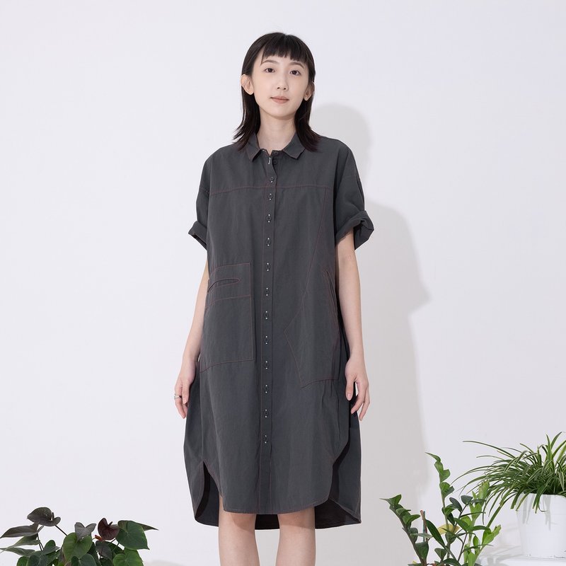 Asymmetric shirt dress with stitched pockets - One Piece Dresses - Cotton & Hemp Gray