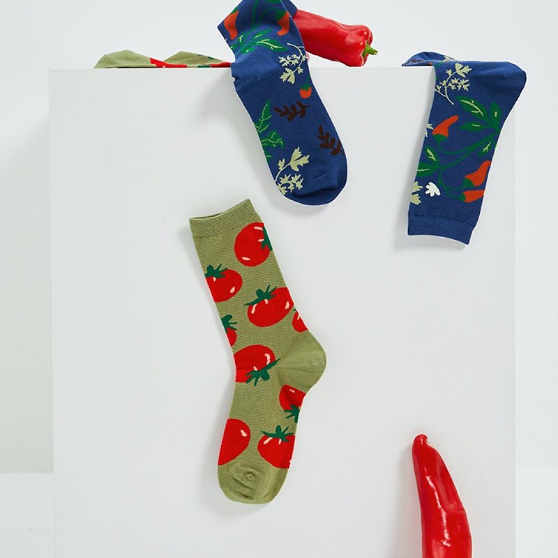 HM阿嬤的小菜園 男女同款中筒襪 共2款 - 襪子 - 棉．麻 綠色