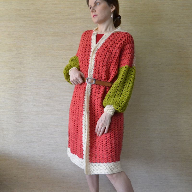 Colorful crochet cardigan Oversized women coat Handmade patchwork cardigan - สเวตเตอร์ผู้หญิง - ผ้าฝ้าย/ผ้าลินิน หลากหลายสี