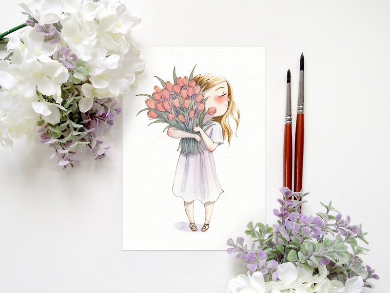 Spring Girl: Tulips - A6 Watercolor Art Print, Wall Art, Home Decor - โปสเตอร์ - กระดาษ สึชมพู