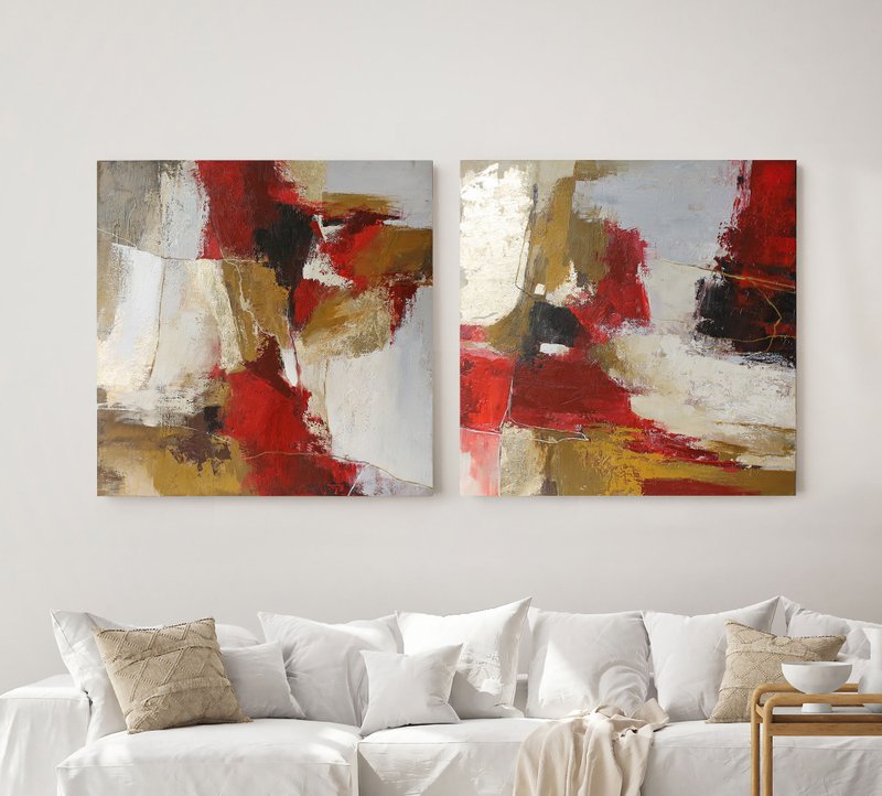 Red and Gold Art | Reddish Gold Artwork | Burgundy Gold Art | Florid set - 壁貼/牆壁裝飾 - 棉．麻 紅色