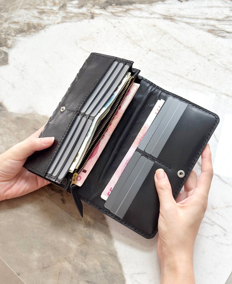 Large capacity 12 card slots 3 large bill slots large braided long wallet genuine leather DIY set / finished product - เครื่องหนัง - หนังแท้ 