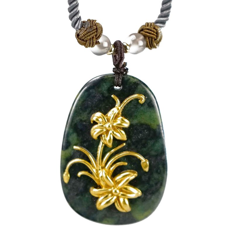 墨玉ネックレス「忘憂」｜母の日の花・忘れ草｜晨墨飾金｜クリスマスギフト - ネックレス - 翡翠 ゴールド