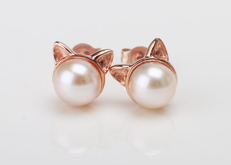 14K Gold X freshwater pearl【Cat Ear Earrings 】American Curl、Scottish fold、Scotis - ต่างหู - เครื่องประดับ หลากหลายสี