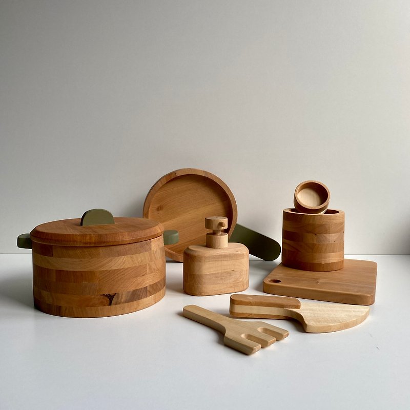 A set of children&#x27;s wooden play utensils 9 items.