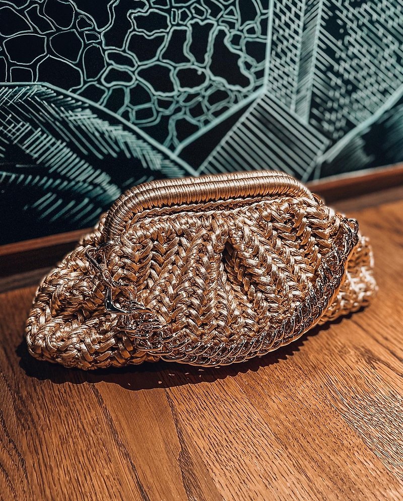 Dumpling vintage bag, gold claps,  wedding clutch, crochet handbag, luxury gift - Clutch Bags - Polyester Gold
