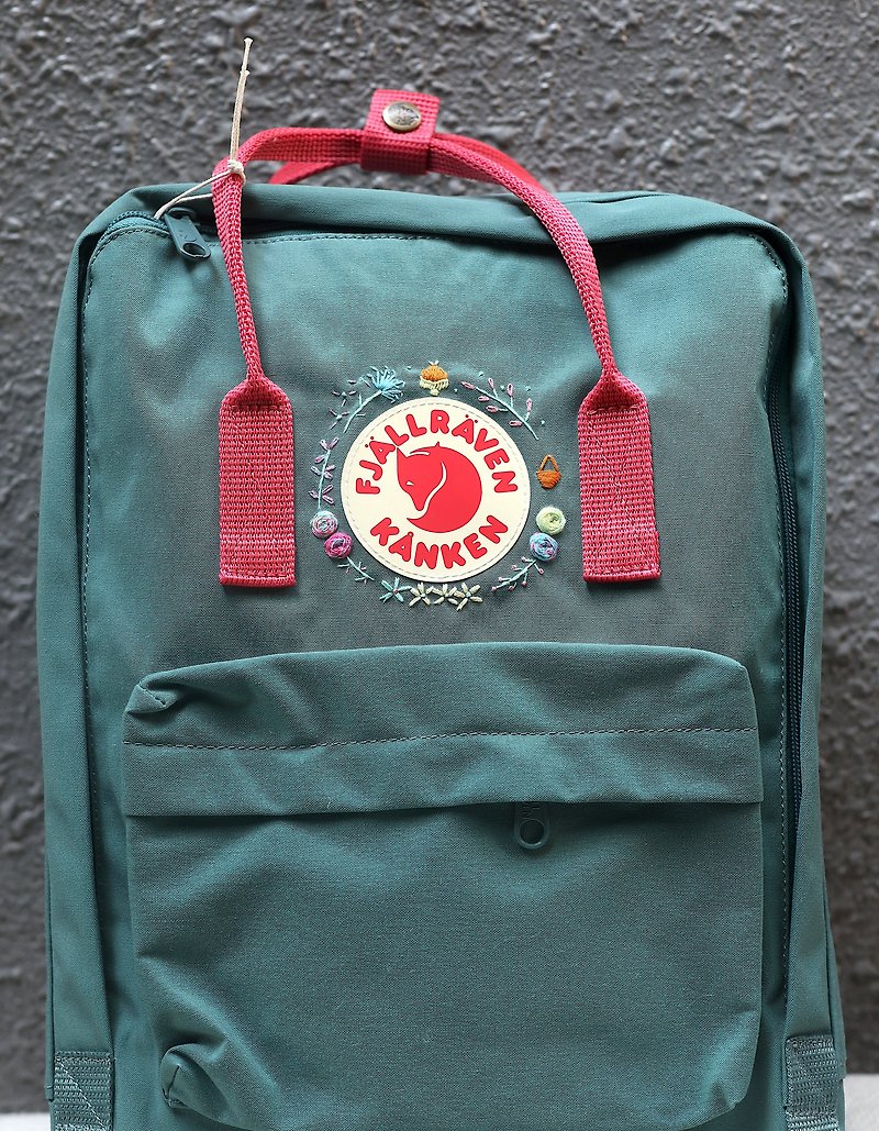 Forest theme cream green pink belt kanken bag-handmade embroidery design custom - กระเป๋าเป้สะพายหลัง - วัสดุกันนำ้ 