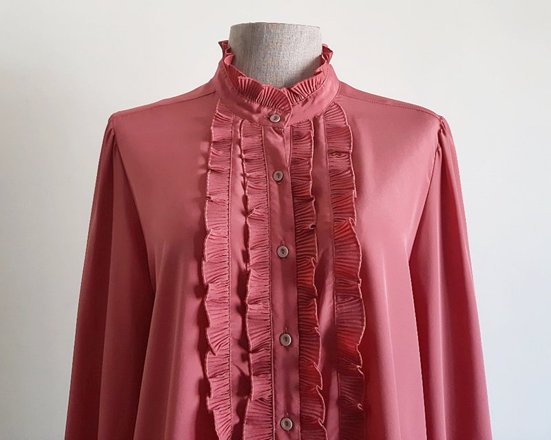 Vintage Pink Ruffle Blouse - Women's Tops - Polyester Pink