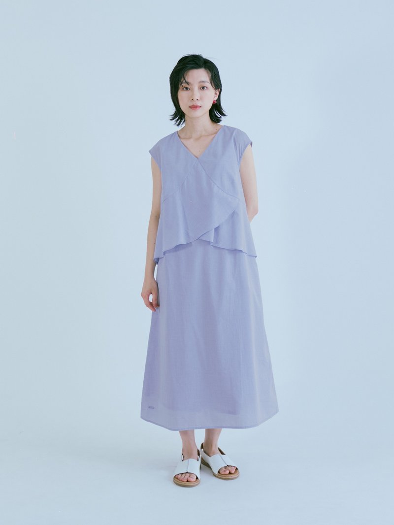 Liye Double Layer Sleeveless Dress-Blue Vine - One Piece Dresses - Cotton & Hemp Blue