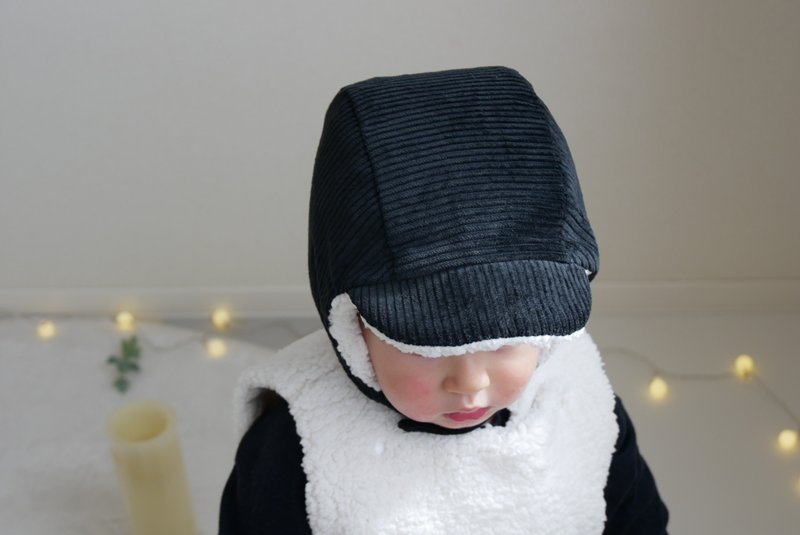 日本手作燈芯絨羊羔絨保暖童帽 軟綿綿護耳帽 - 嬰兒帽子/髮帶 - 棉．麻 黑色