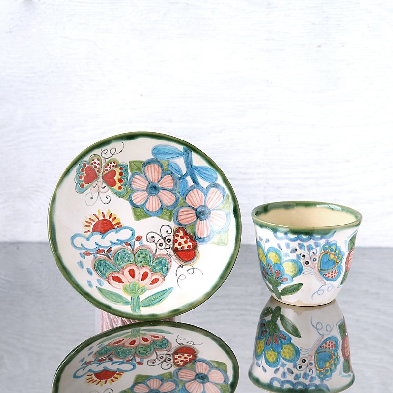 Flower and butterfly painting cup and plate 2 - แก้ว - ดินเผา หลากหลายสี