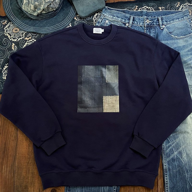 MajorFolk Ancient Cloth Pattern Heat Transfer Japanese Retro Navy Blue Loose Heavy Long Sleeve Plus Velvet Sweater - Men's T-Shirts & Tops - Cotton & Hemp 