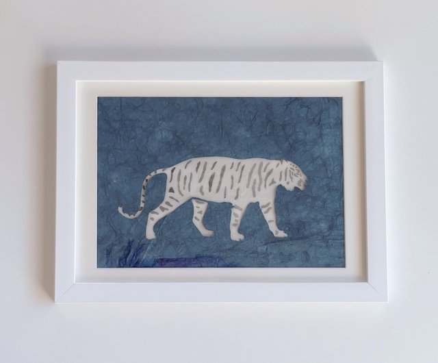 日本製White Tiger 白虎zodiac 干支藍染和紙aizome paper art