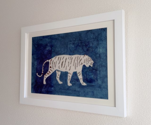 日本製White Tiger 白虎zodiac 干支藍染和紙aizome paper art