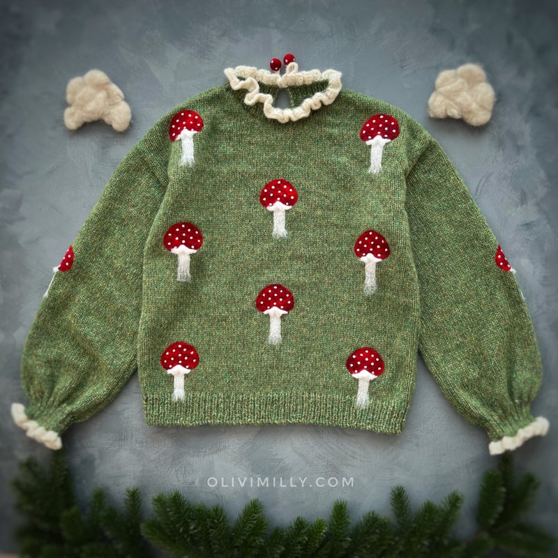 Mushrooms Adult pullover, hand knitted pullover with embrodery - สเวตเตอร์ผู้หญิง - ขนแกะ สีเขียว