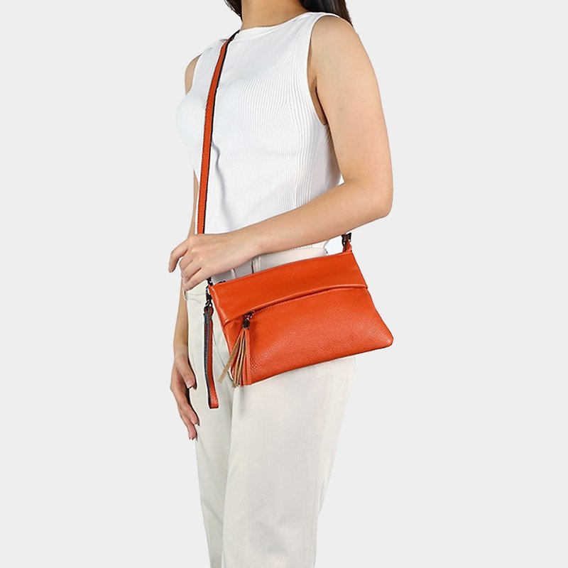 Parisian girl 3 use soft leather bag  Tassel drop zipper with multi pockets - Messenger Bags & Sling Bags - Genuine Leather Orange