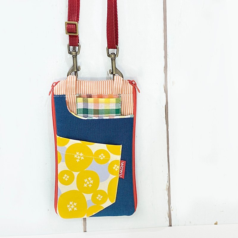 Wago carry-on pouch (blue-yellow) (with rope) made to order* - กระเป๋าแมสเซนเจอร์ - ผ้าฝ้าย/ผ้าลินิน สีน้ำเงิน
