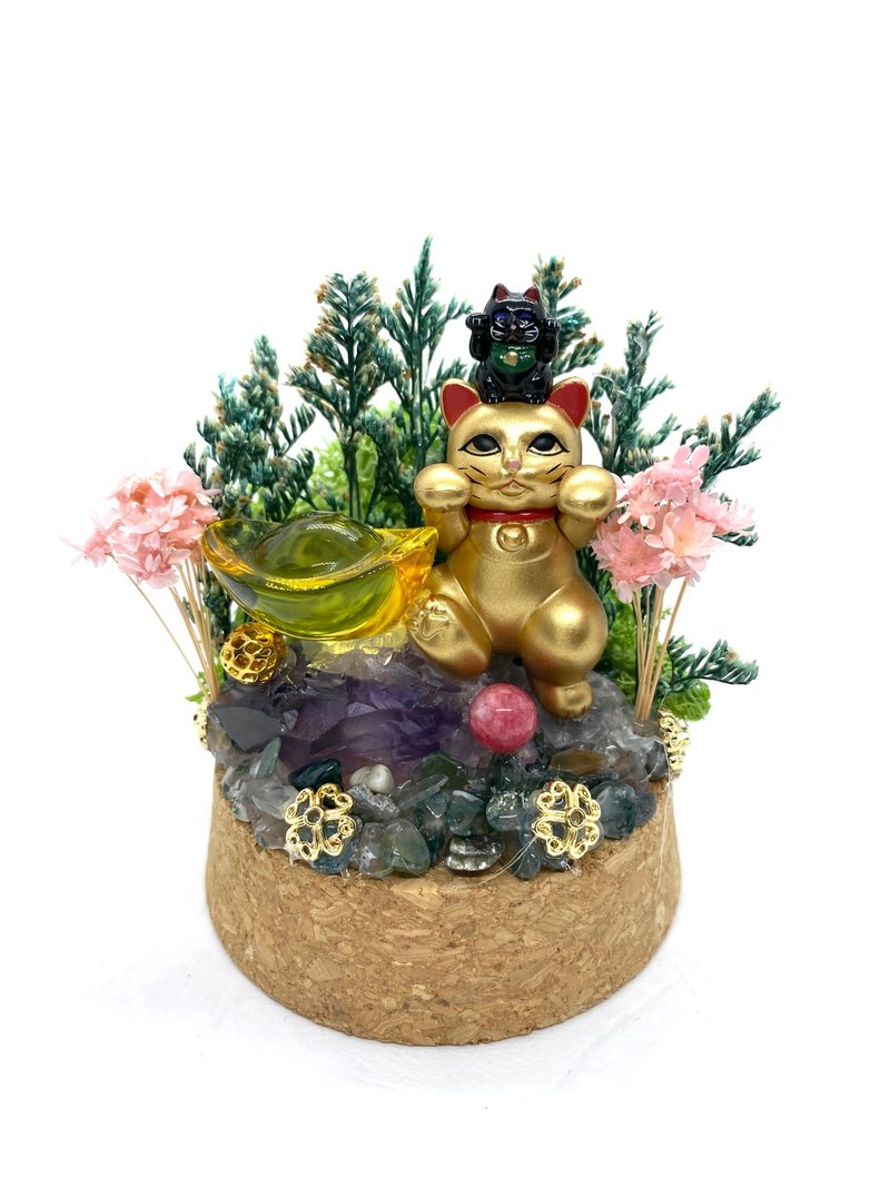 金色招財貓與金元寶/紫水晶/紅紋石珠-水晶公仔乾燥花擺設 - 擺飾/家飾品 - 水晶 