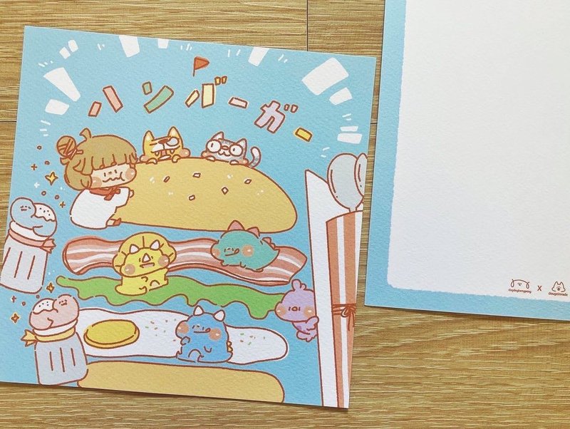 Dog clip star/original square postcard/burger - การ์ด/โปสการ์ด - กระดาษ 