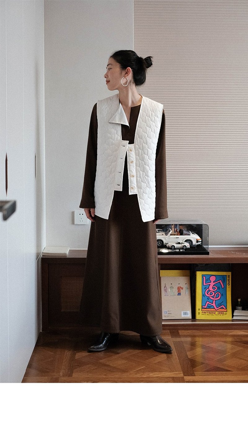 寬松純色V領輕薄絎縫絲棉通勤中長款西裝馬甲 - 背心/無袖上衣 - 其他材質 