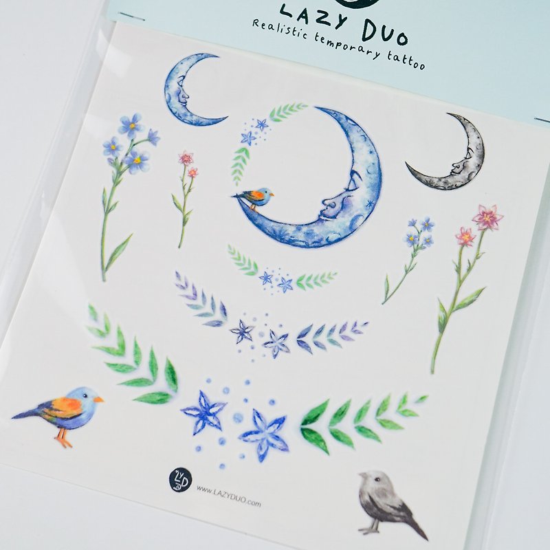 手描きの水彩妖精の入れ墨月の森の鳥のステッカーピンクとブルーの花と植物月の星空夜空 - タトゥーシール - 紙 多色
