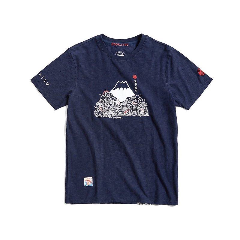 江戶勝 日系 海浪鯉魚短袖T恤-男裝 (丈青色) #上衣 - T 恤 - 棉．麻 藍色