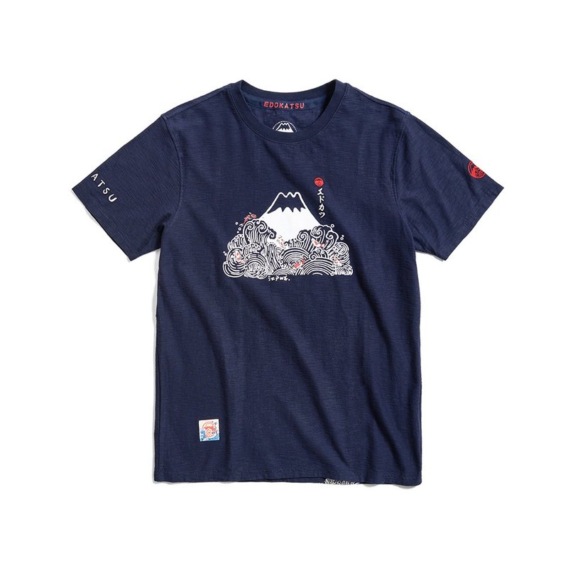 Edo Katsuki style wave carp short-sleeved T-shirt - men's clothing (blue) #Top - Men's T-Shirts & Tops - Cotton & Hemp Blue