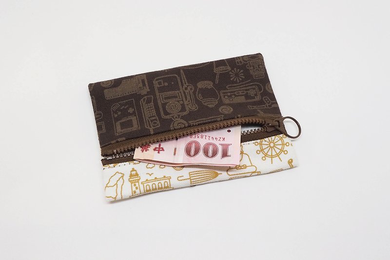 Nostalgic Taiwan [change bag / coffee zipper version] - กระเป๋าใส่เหรียญ - ผ้าฝ้าย/ผ้าลินิน สีนำ้ตาล