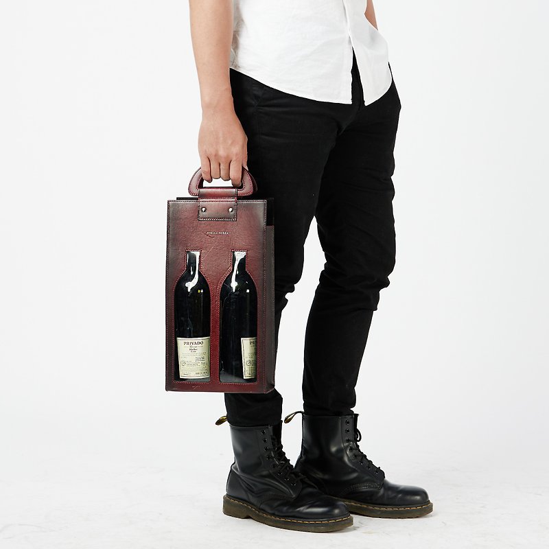 [Gift/Free Customized Laser Engraving] Gradient Double Red Wine Bag - Window of Drunkness - Other - Genuine Leather Brown