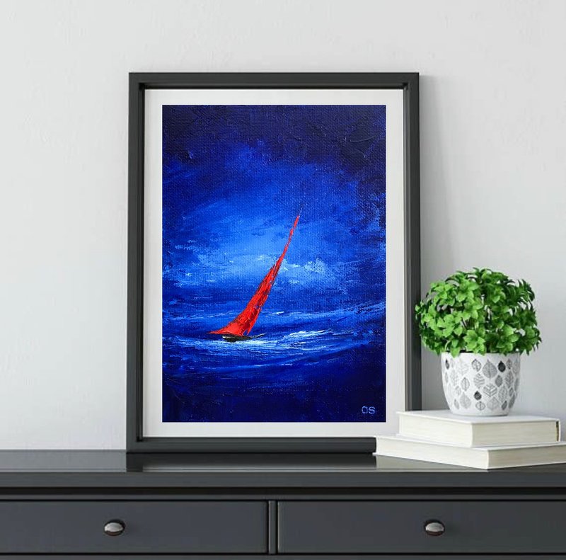 Original Seascape Oil Painting On Canvas Red Sailboat Blue Impasto Artwork - ตกแต่งผนัง - ผ้าฝ้าย/ผ้าลินิน หลากหลายสี