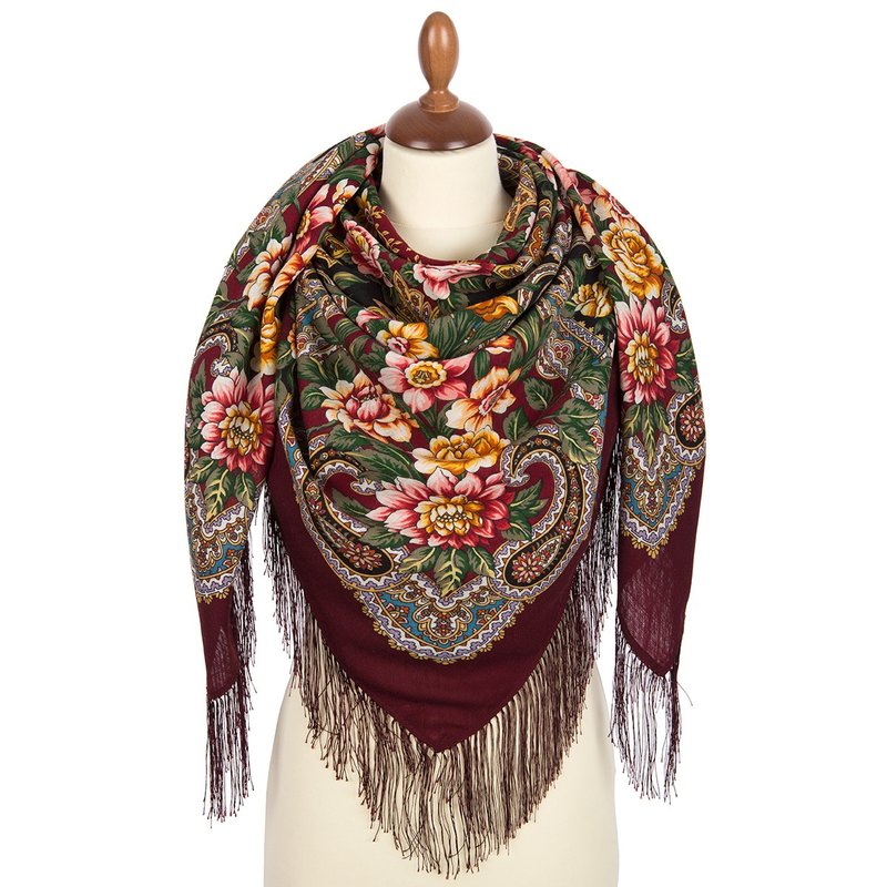 Pavlovo Posad Russian Shawl 100% Wool Scarf 125x125 cm Wrap Silk Fringe 1835-6 - 圍巾/披肩 - 羊毛 多色