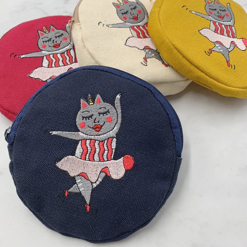 Embroidery Round Shape Coins Bag - Dancing Unicorn Cat - กระเป๋าใส่เหรียญ - งานปัก สีน้ำเงิน