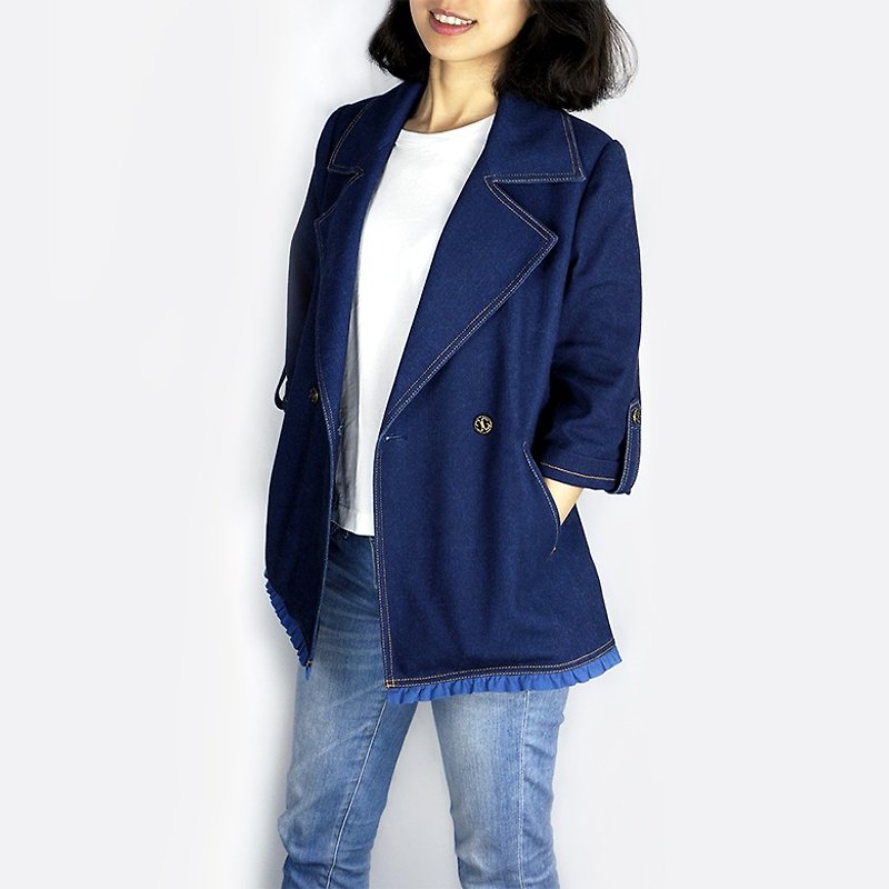 Zhuo Ye Indigo-Indigo Dye Denim Trim Jacket - เสื้อแจ็คเก็ต - วัสดุอื่นๆ สีน้ำเงิน