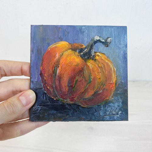 オリジナルの油絵 カボチャの絵 野菜の絵 静物画 小さなアート