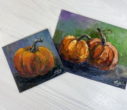 オリジナルの油絵 カボチャの絵 野菜の絵 静物画 小さなアート