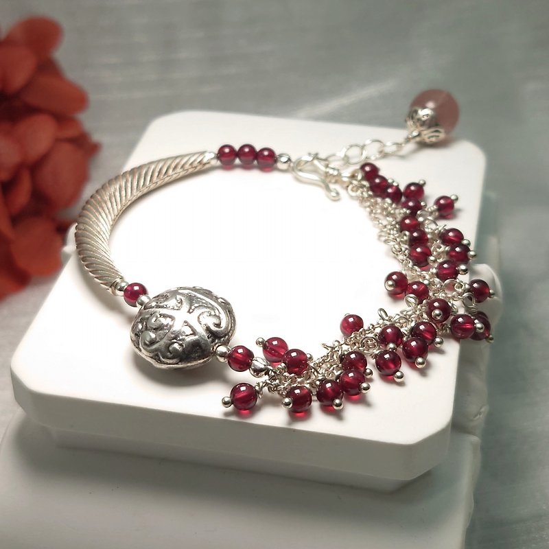 手鍊 紅色 石榴石 草莓水晶 925銀飾 銀管 寶石 - 手鍊/手鐲 - 寶石 