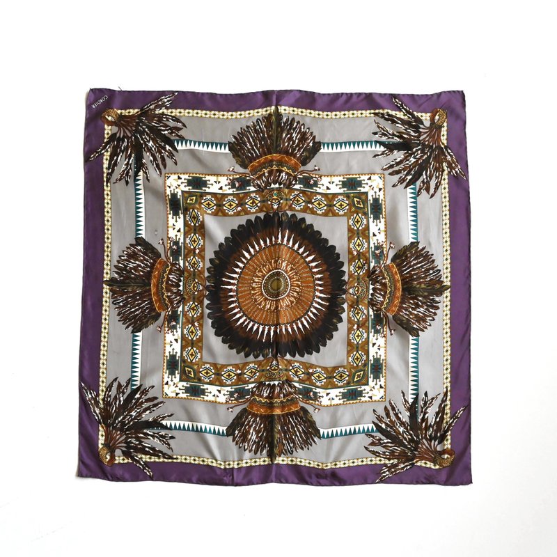 [Egg Plant Vintage] Feather Crown Wanhua pure silk printed vintage silk scarf - Scarves - Silk 