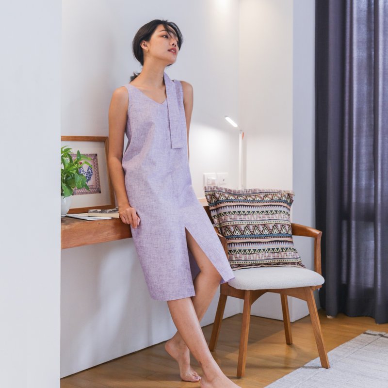 Odelle dress 側身無縫亞麻連衣裙: 薰衣草紫色,全身襯裡 /居家服 - 洋裝/連身裙 - 棉．麻 紫色