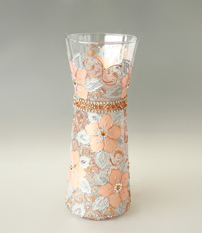 Glass Vase Rose Gold Silver Swarovski Crystals HandPainted - 擺飾/家飾品 - 玻璃 銀色