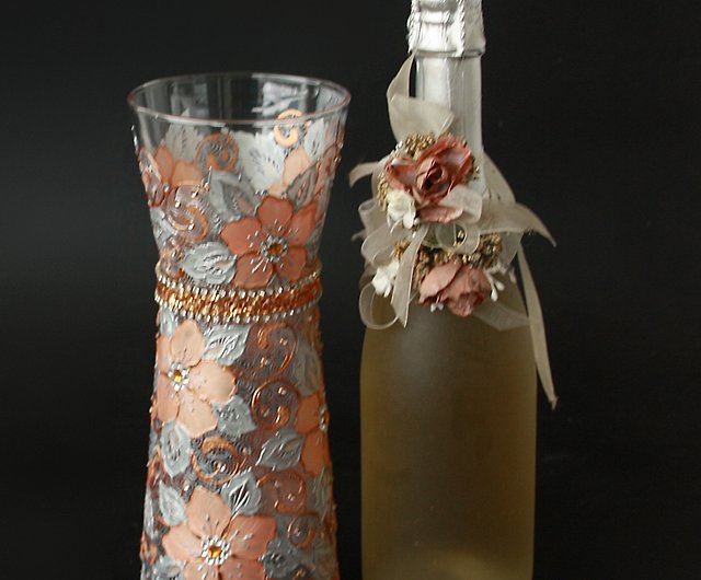 ガラスの花瓶ローズゴールドシルバースワロフスキークリスタル 手描き