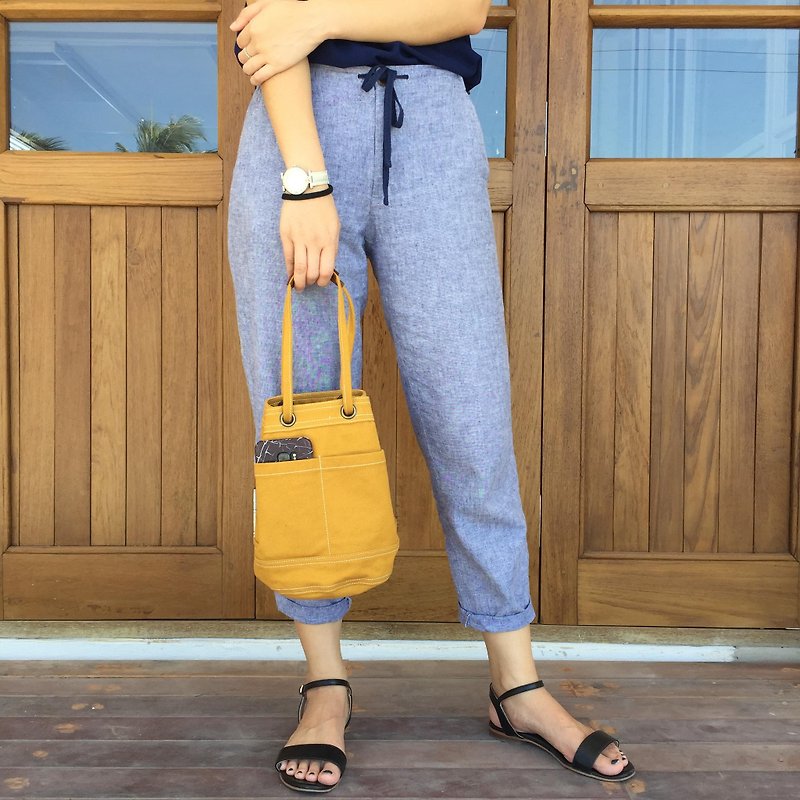 Mini Mustard Canvas Bucket Bag with strap /Leather Handles /Daily use - Handbags & Totes - Cotton & Hemp Yellow