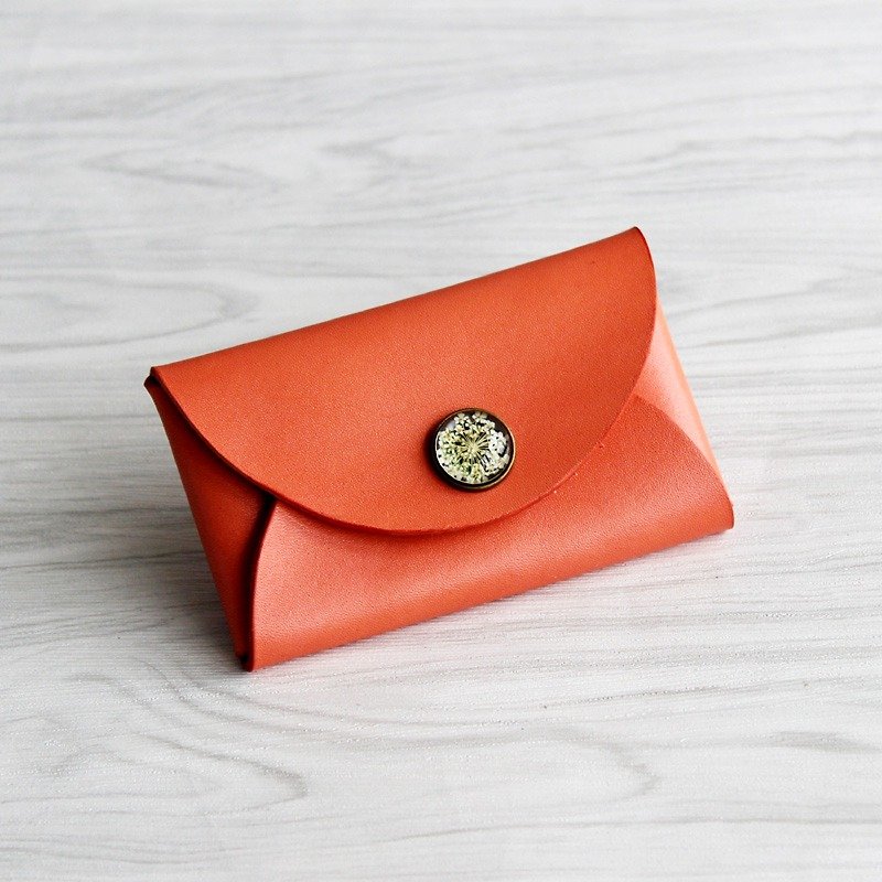 Rui Wei original Orange Orange flower handmade leather business card holder first layer of leather business card holder retro art ladies card bag purse custom lettering 11 * 7cm - กระเป๋าใส่เหรียญ - หนังแท้ สีเหลือง