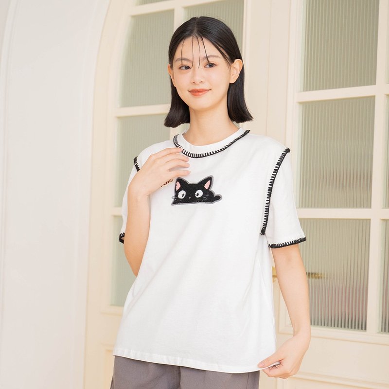 Little black cat fur embroidered sewing and embroidered round neck top [9007101] - เสื้อยืดผู้หญิง - ผ้าฝ้าย/ผ้าลินิน ขาว