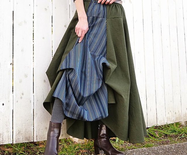 自由にアレンジ サーキュラースカート 小倉織ストライプ 丈80 自由にアレンジ サーキュラースカート 小倉織ストライプ 丈80